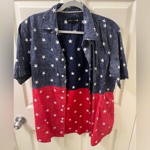 Star Patterned Red and Blue Button-Up Shirt